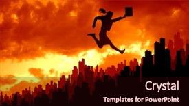  Presentation with city silhouette - Slide set having silhouette of businesswoman jumping above city against sunset background background and a wine colored foreground