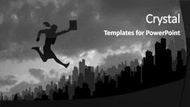  Presentation with city silhouette - PPT theme consisting of silhouette of businesswoman jumping above city against sunset background background and a dark gray colored foreground
