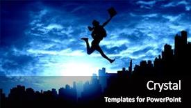  Presentation with city silhouette - Colorful slide set enhanced with silhouette of businesswoman jumping above city against sunset background backdrop and a black colored foreground