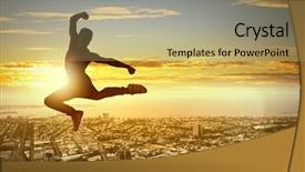  Presentation with city silhouette - Amazing presentation design having silhouette of dancer jumping against city in lights of sunrise backdrop and a coral colored foreground