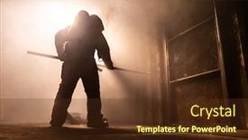  Presentation with accident - Cool new PPT theme with silhouette-of-firefighter-use-metal backdrop and a tawny brown colored foreground