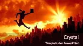  Presentation with city silhouette - Cool new presentation theme with silhouette of jumping businesswoman over city in lights of sunrise backdrop and a wine colored foreground