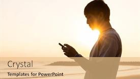  Presentation with mobile use - PPT theme having silhouette-of-man-use-mobile background and a coral colored foreground