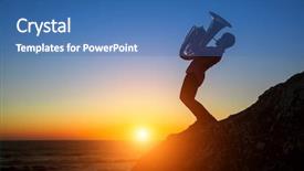  Presentation with sunset coast of the sea - Colorful presentation design enhanced with silhouette of musician with tuba backdrop and a teal colored foreground