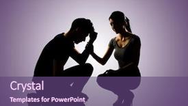  Presentation with give - PPT theme with silhouette of one sad asian man squat and his wife give comfort to him full length portrait isolated background and a violet colored foreground