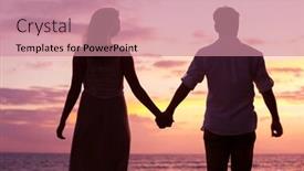  Presentation with romantic beach - Colorful presentation design enhanced with silhouette of romantic couple watching tropical sunset on the beach backdrop and a coral colored foreground