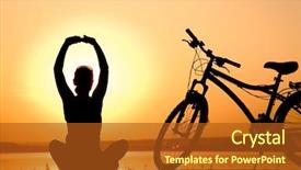  Presentation with bicycle - Presentation design with silhouette of the girl on a bicycle with beautiful lake near by at sunset background and a crimson colored foreground