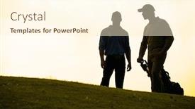  Presentation with course - Presentation theme featuring silhouette of young men standing in golf course with trolley background and a cream colored foreground