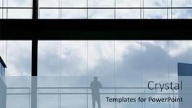  Presentation with windows - Slide set consisting of silhouette view of a businessman in a modern office building interior with panoramic windows background and a light blue colored foreground