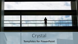  Presentation with windows - Cool new PPT theme with silhouette view of young businessman walking in modern office building interior with panoramic windows backdrop and a light blue colored foreground