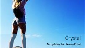  Presentation with blue mountain - Amazing PPT theme having silhouette woman standing on the top of mountain over blue sea and sky background backdrop and a light blue colored foreground