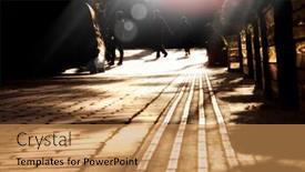  Presentation with people street - PPT theme enhanced with silhouetted people walking on street and sunbeam background and a coral colored foreground