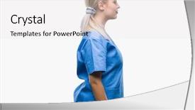  Presentation with doctor helps to get out of bed an elderly woman - PPT theme having silhouettes nurses - young blonde surgeon doctor woman background and a  colored foreground