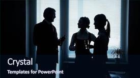  Presentation with partners - Slide set consisting of silhouettes of business partners discuss background and a navy blue colored foreground