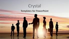  Presentation with people - PPT theme consisting of silhouettes-of-business-people-standing background and a light gray colored foreground