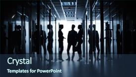  Presentation with managers - Cool new slide deck with silhouettes of managers having business meeting in corridor of office building backdrop and a ocean colored foreground
