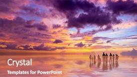  Presentation with sunset beach - Slide deck having silhouettes of people at sunset background and a coral colored foreground