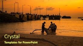  Presentation with sea fishing - Cool new slide set with silhouettes of people in a fishing boat with background of the pier and the sea at sunset in bali backdrop and a tawny brown colored foreground