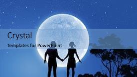  Presentation with romantic - Presentation theme enhanced with silhouettes of young romantic couple standing under the moon light background and a light blue colored foreground