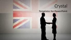  Presentation with union jack - Slide set featuring silhouettes shaking hands against union background and a mint green colored foreground