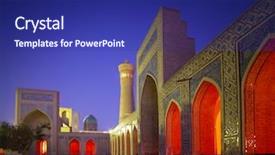  Presentation with uzbekistan - Slide set enhanced with silk road - inner yard of madrasa background and a navy blue colored foreground