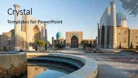  Presentation with registan - Slides featuring silk road - registan square in the city background and a light blue colored foreground