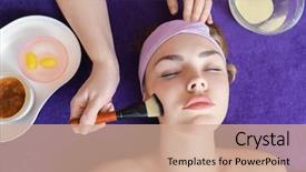  Presentation with spa salon - Beautiful slide deck featuring cacoon - young woman having facial care backdrop and a coral colored foreground