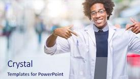  Presentation with happy sad face man - Cool new theme with afro american doctor scientist man over isolated background looking confident with smile on face pointing oneself with fingers proud and happy backdrop and a sky blue colored foreground