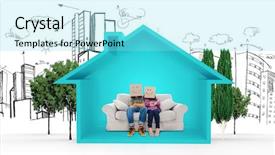  Presentation with heads - Audience pleasing slide deck consisting of silly employees with arms folded wearing boxes on their heads against house shape backdrop and a arctic colored foreground