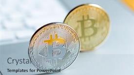  Presentation with bitcoins - Beautiful PPT layouts featuring silver-and-golden-bitcoins-close and a light blue colored foreground