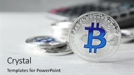  Presentation with bitcoin - PPT layouts with silver bitcoin on white table background and a light gray colored foreground