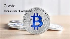  Presentation with bitcoin - Beautiful PPT theme featuring silver bitcoin on wooden table backdrop and a  colored foreground