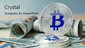  Presentation with bitcoins - Presentation with silver bitcoins and dollar bills background and a  colored foreground