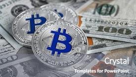  Presentation with bitcoins - Colorful presentation design enhanced with silver bitcoins on dollar bills backdrop and a  colored foreground
