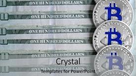  Presentation with bitcoins - Colorful PPT layouts enhanced with silver bitcoins on dollar bills backdrop and a  colored foreground