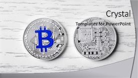  Presentation with bitcoins - Slide set with silver bitcoins on wooden background background and a white colored foreground