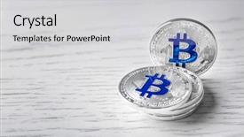  Presentation with bitcoins - Audience pleasing slide set consisting of silver bitcoins on wooden background backdrop and a  colored foreground
