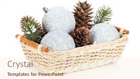  Presentation with silver christmas - Presentation consisting of silver christmas baubles and fir tree isolated on white background background and a lemonade colored foreground