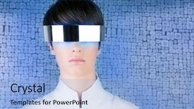  Presentation with futuristic glasses - Cool new PPT theme with silver futuristic glasses modern woman backdrop and a light blue colored foreground