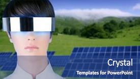  Presentation with futuristic glasses - Slides with robotics blue green - silver futuristic glasses woman solar background and a ocean colored foreground