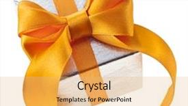  Presentation with gift ribbon - Colorful presentation enhanced with silver gift box with golden ribbon bow isolated on white background backdrop and a yellow colored foreground