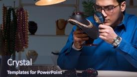  Presentation with radio workshop - Slide set consisting of silver jewelry glass - jeweler working in his workshop background and a navy blue colored foreground