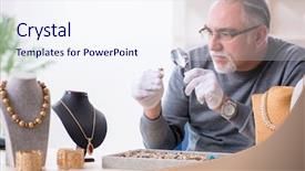 Presentation with workshop - Presentation theme having silver jewelry glass - white bearded old jeweler background and a sky blue colored foreground