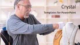  Presentation with old photographs black and white - PPT theme enhanced with silver jewelry glass - white bearded old jeweler background and a  colored foreground