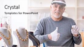  Presentation with black and white old phone - Audience pleasing slide set consisting of silver jewelry glass - white bearded old jeweler backdrop and a  colored foreground
