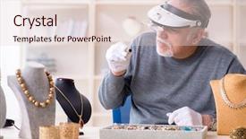  Presentation with old big bike on white - Colorful presentation theme enhanced with silver jewelry glass - white bearded old jeweler backdrop and a  colored foreground