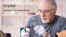  Presentation with old fashioned black and white - Beautiful presentation design featuring silver jewelry glass - white bearded old jeweler backdrop and a  colored foreground