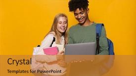  Presentation with students - Audience pleasing theme consisting of silver laptop and exercise book backdrop and a gold colored foreground