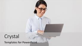  Presentation with arabian woman wearing hijab muslim - PPT theme having silver laptop in the office background and a light gray colored foreground