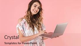  Presentation with photo - Slides having silver laptop isolated over pink background and a coral colored foreground